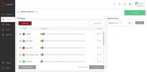 Allocations is a crypto portfolio dashboard with adjustable sliders for five assets, percentage values, and options to add assets, create an index, set rebalancing periods, and keep the portfolio 100% allocated.