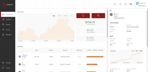 Screenshot of the Dashboard showing a crypto portfolio valued at $734.73, asset breakdowns, a 24-hour performance chart, and detailed info about the ZRX asset on the right.