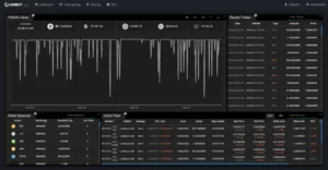 Gunbot1 features a dark-themed crypto trading dashboard with a dynamic portfolio value graph, wallet balances, recent trades, and active trading pairs displaying market, price, amount, and trade direction details.