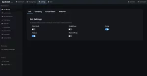 Gunbot3’s dark-themed settings page displays toggles for Watch Mode, Multiple Base, Debug, Verbose, and Reserve Pile Up, with navigation tabs and a sidebar menu for easy access.