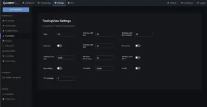 Screenshot of the Gunbot4 TradingView Settings page, displaying configurable options like Gain, Trading Limit, Buy/Sell Pyramid, Protection, Stoploss Percentage, Retry Order, TV Leverage, and more trading parameters.