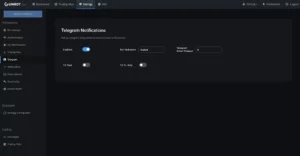 A dark-themed settings page for Gunbot5 displaying Telegram notification options, such as toggles for enabling notifications, nickname setup, order timeout, and extra features like To Text and TP Only.
