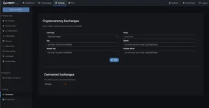 Gunbot6’s dark dashboard lets you add crypto exchanges with fields for exchange name, key, secret, and delay time. Binance appears under Connected Exchanges.