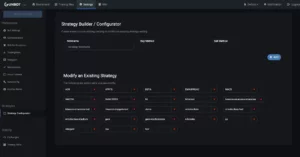A dark-themed Gunbot7 app interface displays the Strategy Builder/Configurator page, where users can create or edit trading strategies. Several strategy name buttons appear in the "Modify an Existing Strategy" section.