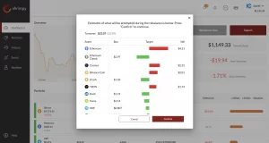 A pop-up in shrimpy’s crypto dashboard displays buy/sell targets for rebalancing your portfolio, using bars to show amounts for Ethereum, Cosmos, Binance Coin, Zcash, and more.