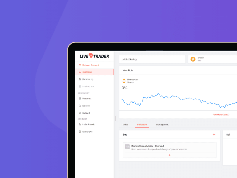 A computer screen displays the cardcover (19) web app with a trading dashboard showing a line chart, left menu, and strategy and indicator options. The background is purple.