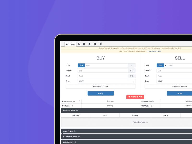 A laptop screen shows the cardcover (24) crypto trading interface, featuring Buy and Sell sections, fields for units and price, order type options, and trade buttons on a bold purple background.