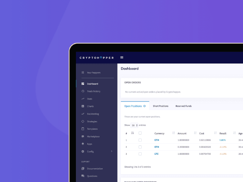 A cardcover (25) laptop screen shows the Cryptohopper automated trading platform dashboard with a sidebar menu and open positions table, all set against a purple gradient background.