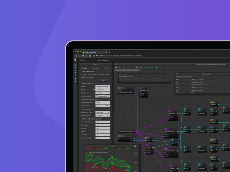 A close-up of cardcover (5) on a laptop screen shows a dark interface with flowcharts, graphs, and settings panels, set against a purple background.