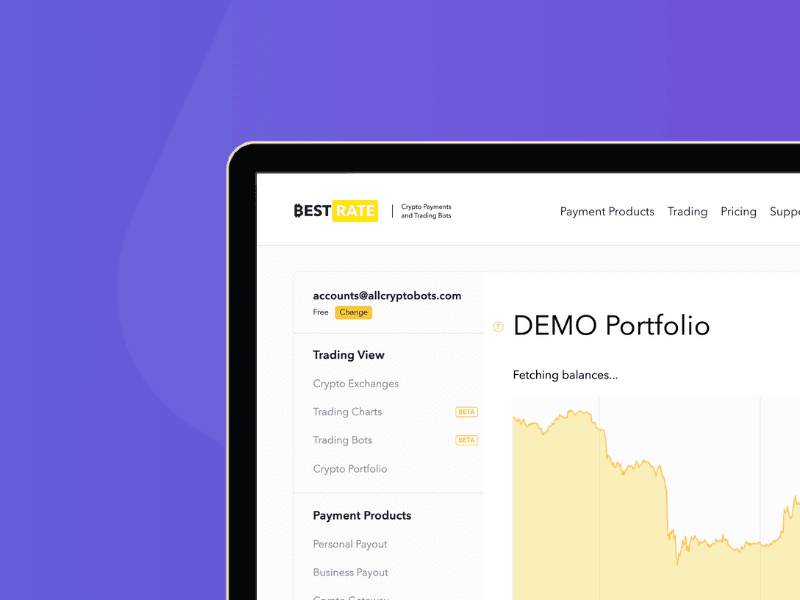 A laptop screen displays the cardcover (7) platform, featuring a DEMO Portfolio with a yellow line graph and account information on a purple and white background.