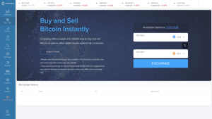 Covesting3 is a cryptocurrency trading dashboard with instant Bitcoin buy/sell options, amount input, EUR/BTC currency selection, an "EXCHANGE" button, and an exchange history table.