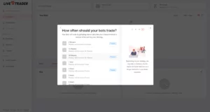 On livetrader5, a pop-up asks, "How often should your bots trade?" with time options like 5 minutes and 2 hours plus explanations. An illustration of people and charts appears on the right.