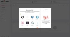 A screenshot of the livetrader7 platform displays a Select a Coin pop-up featuring cryptocurrency icons and names such as Binance, ZRX, ARPA Chain, and AAVE, with instructions and descriptions visible on the right.