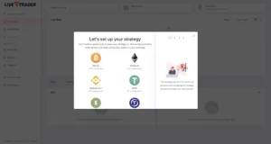 The livetrader8 setup screen displays icons for Bitcoin, Ethereum, Binance Coin, and Tether, letting users choose cryptocurrencies and set a trading strategy.