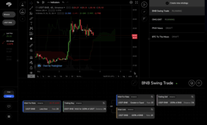 Screenshot of the superorder crypto trading interface displaying the BNB/USDT chart with candlesticks, technical indicators, and strategy settings on the right. Automated trading bots and trade configurations are shown at the bottom.