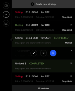 The superorder11 app screen displays active and completed crypto strategies like buying/selling LOOM for BTC and selling BNB for USDT, with order types, status, and navigation icons on the left.