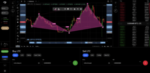 The superorder2 interface shows an LTC/BTC chart with a harmonic pattern overlay, plus visible buy/sell options, order book, and recent trades.