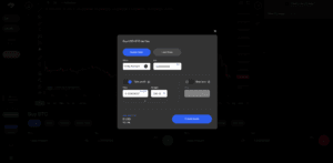 The superorder3 interface displays a pop-up to buy USD-BTM, with options for market or limit orders, unit amount, take profit, stop loss, and a blue "Create trade" button.