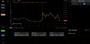The superorder5 interface displays a candlestick chart for USD/USDT (late 2019–March 2020), lists trade strategies below, and includes a panel on the right for creating a new strategy.