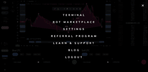 The superorder6 interface features a dark trading screen with a centred menu overlay, offering options like Terminal, Bot Marketplace, Settings, Referral Programme, Learn & Support, Blog, and Logout above a blurred chart background.