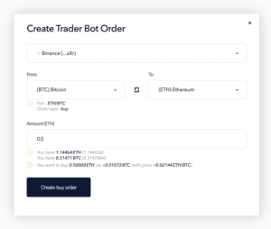 The bestrate6 order form lets users swap Bitcoin for Ethereum, enter the amount, view current rates, and use a blue “Create buy order” button to complete the transaction.