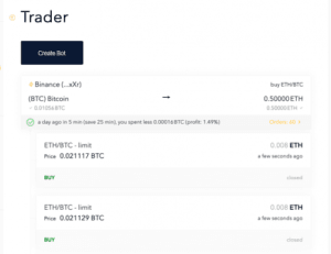On the bestrate7 dashboard, a trade of 0.5000 ETH for BTC on Binance shows a 1.49% profit; two recent ETH/BTC limit buys were placed at 0.008 ETH per 0.0211179 BTC each.