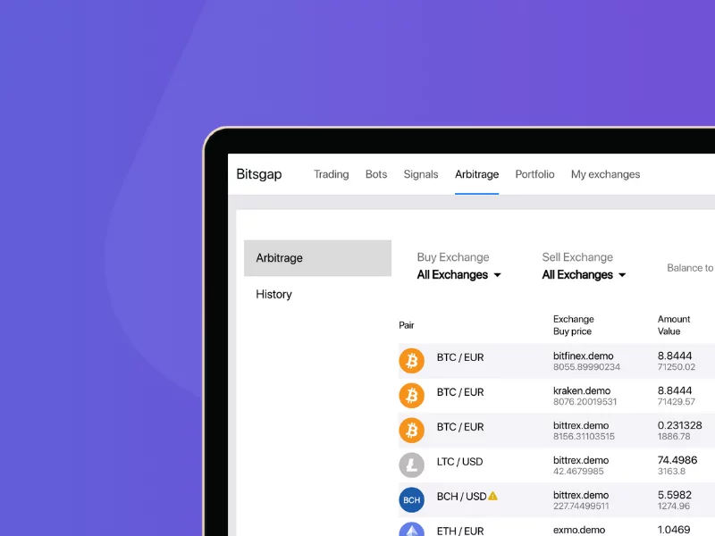 Bitsgap arbitrage dashboard showing real-time cryptocurrency trading pairs and price differences across multiple exchanges.