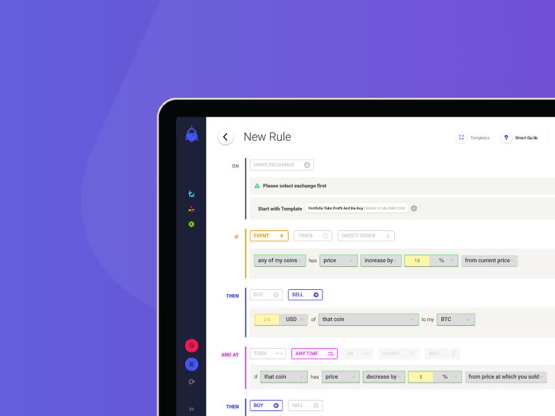 A computer displays the cardcover (13) cryptocurrency trading bot interface with rule settings and automated buy/sell options, set against a purple gradient background.