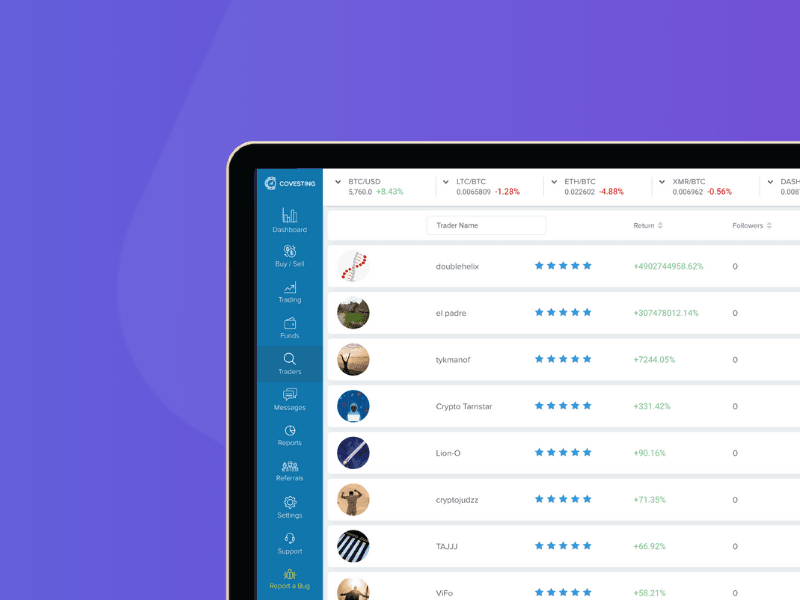 The card cover (14) displays a cryptocurrency trading dashboard on a laptop screen, featuring traders’ usernames, ratings, follower counts, percentage returns, and a sidebar menu on the left over a purple-blue gradient background.