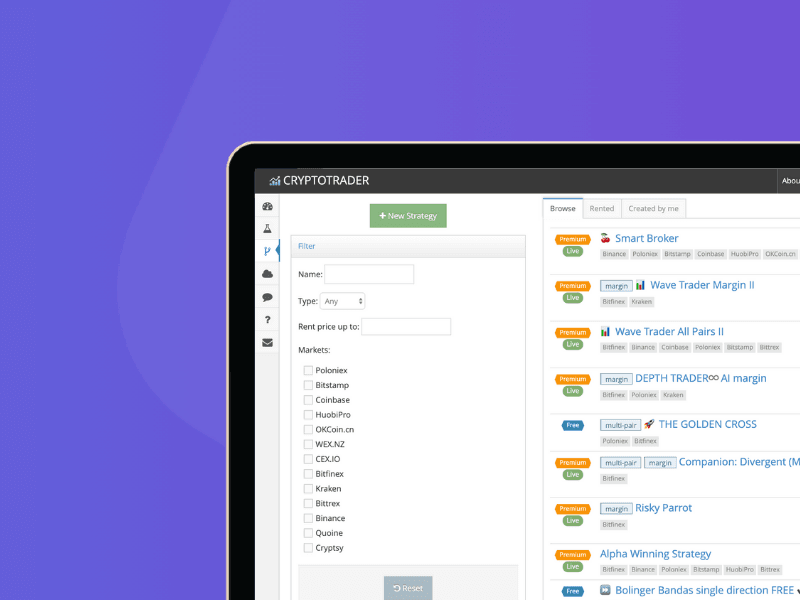 A partial view of a computer screen displays the cardcover (15) platform, featuring a dashboard with filter options, a strategy creation form, and a list of trading strategies against a purple gradient background.