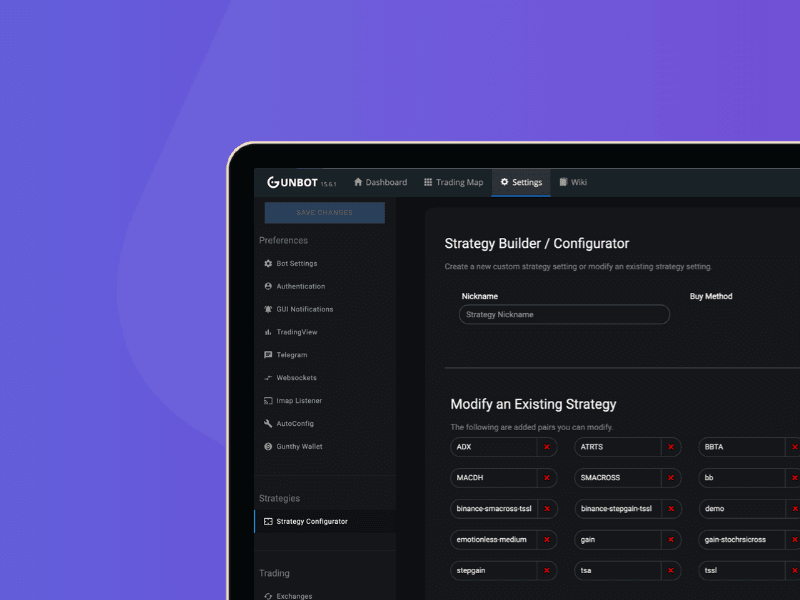 A partial laptop screen shows cardcover (16) in a dark-themed interface for trading strategy configuration, with strategy modification options, a settings sidebar, and a purple-blue gradient background.