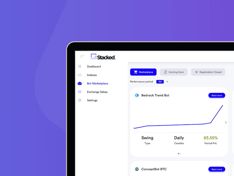 A laptop screen displays the cardcover (2) app interface, featuring a dashboard menu on the left and a bot marketplace with charts and stats in the main area, all set against a purple gradient background.