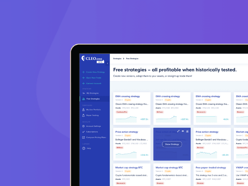 A computer screen displays the cardcover (4) platform featuring a dashboard with trading strategies, performance graphs, and menu options on a purple gradient background.