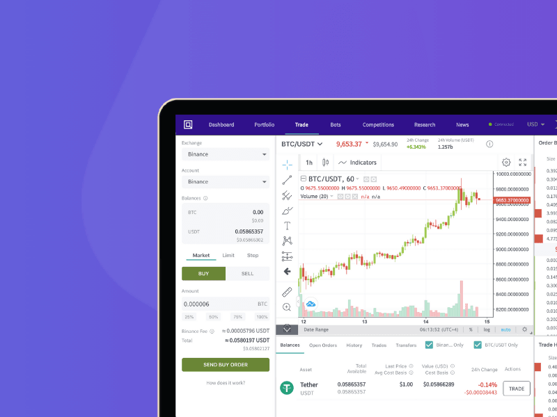 Crypto trading interface on a laptop showing Bitcoin to USDT chart and live trading features on Binance.