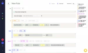 Screenshot of Coinrule1's interface displaying the rule creation screen, where users can choose an exchange, set event triggers, and define buy or sell actions for coins based on price changes. Instructional tips are visible on the right-hand side.