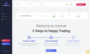 Screenshot of the Coinrule2 web dashboard displaying trading stats, a left-side navigation menu, and step-by-step instructions: create a rule, link your exchange, and begin trading. The “Create Rule” button is in the top right corner.