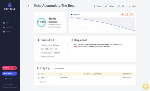 The Coinrule3 dashboard shows a rule called "Accumulate The Best" with the next execution in 11 hours, plus a profit graph, rule summary, action sequences, and a recent activity log.
