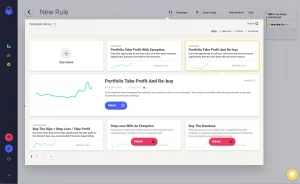 Coinrule4's dashboard for new trading rules shows strategy templates with graphs and details, lets you select or unlock strategies, and features navigation menus on the left and top of the screen.
