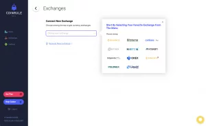 Coinrule6's exchanges page features a dropdown on the left to select a crypto exchange, and a pop-up on the right displays logos of Binance, Bitstamp, Coinbase Pro, Kraken, and more.
