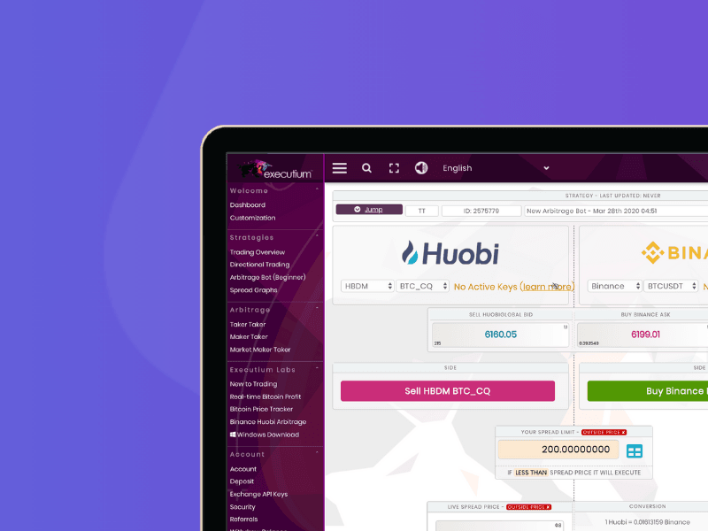 A partial laptop screen shows a cryptocurrency trading dashboard on cardcover (1), featuring Huobi and Binance exchange options. The purple background has geometric patterns, and the left menu displays navigation choices.
