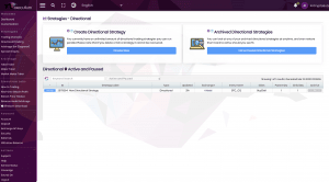 In executium4, the Strategies - Directional dashboard lets you create or view archived strategies. A table below lists active strategies with details such as label, type, updated date, and trading instrument.