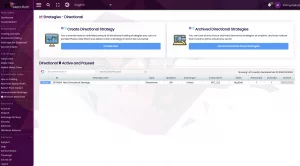 In executium4, the Strategies - Directional dashboard lets you create or view archived strategies. A table below lists active strategies with details such as label, type, updated date, and trading instrument.
