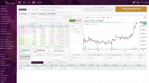 The executium5 dashboard displays ADA/BTC market data, order book, trade history, price chart, and buy/sell options. A yellow banner in the top right indicates: Buying API Key is Missing.