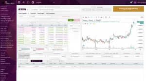 The executium5 dashboard displays ADA/BTC market data, order book, trade history, price chart, and buy/sell options. A yellow banner in the top right indicates: Buying API Key is Missing.