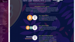The executium8 guide explains Bitcoin arbitrage: buy BTC, split funds, and transfer to Bitstamp and Binance. Visuals feature Bitcoin icons, exchange logos, step numbers on a purple background with floral accents.