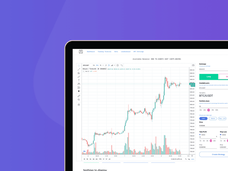 Trade-Mate.io trading terminal showing BTC/USDT chart on a laptop screen.