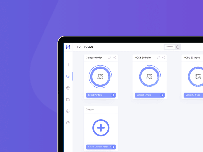 The cardcover interface shows a portfolio management dashboard with circular progress charts for various cryptocurrency portfolios, such as BTC, on a purple gradient background. Options include Select Portfolio and Create Custom Portfolio.