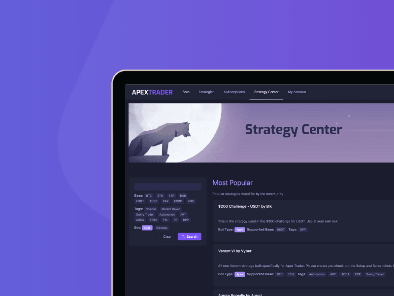 Apex Trader dashboard showing the Strategy Center with trading bots, community strategies, and market automation tools.