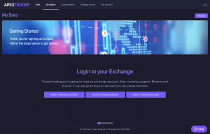 Apex Trader onboarding screen showing login options for Binance, KuCoin, and Kraken exchanges.