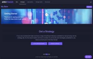 Apex Trader dashboard showing the “Get a Strategy” screen with setup options for automated crypto trading strategies.